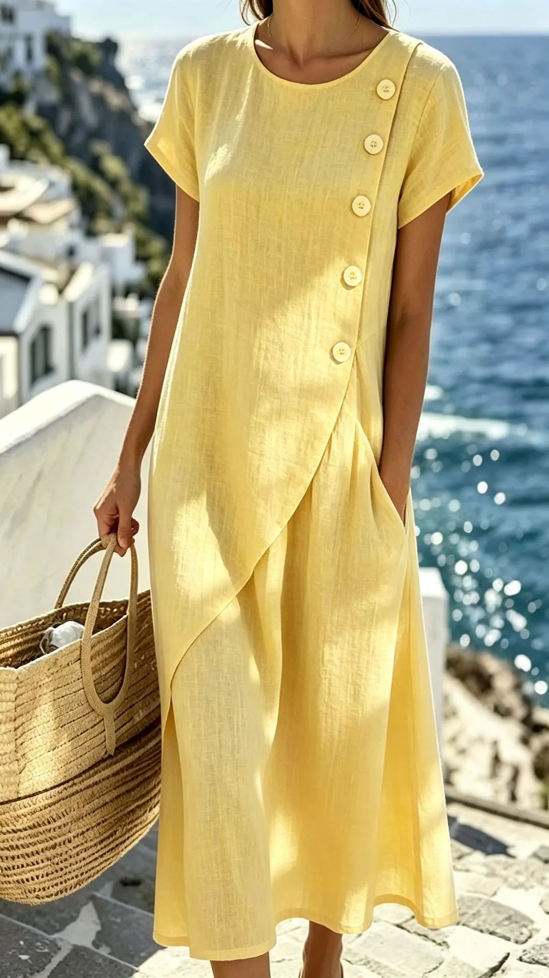 Round Neck Linen Midi Dress with Asymmetrical Buttons