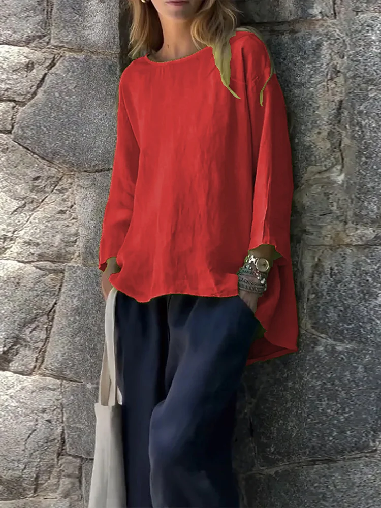Women's Solid Color Cotton And Linen Long Sleeve Shirt