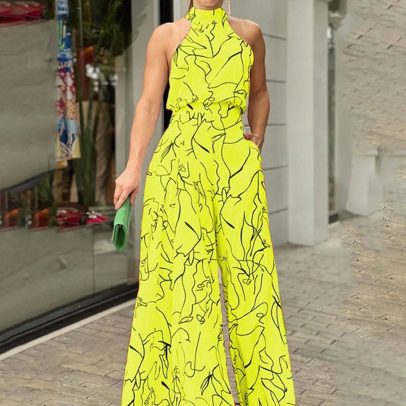 Halterneck Sleeveless Art Print Jumpsuit