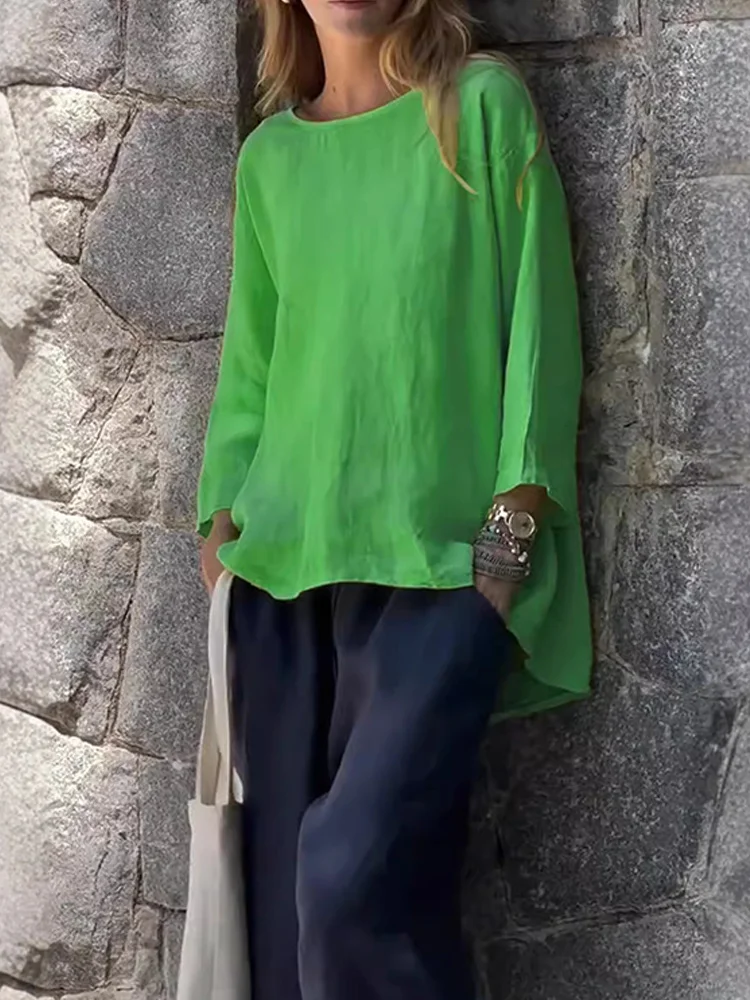 Women's Solid Color Cotton And Linen Long Sleeve Shirt