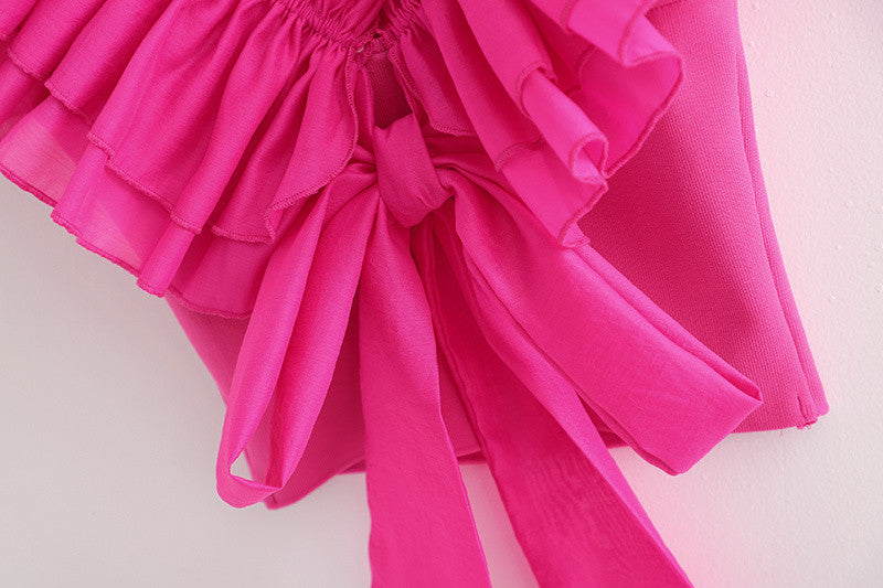 Transparent Organza Pink Puffy Ruffle Sleeves Chiffon Top