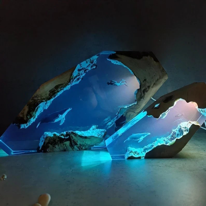Large Epoxy Resin Wood Light Lamp, Diver and Humpback whale