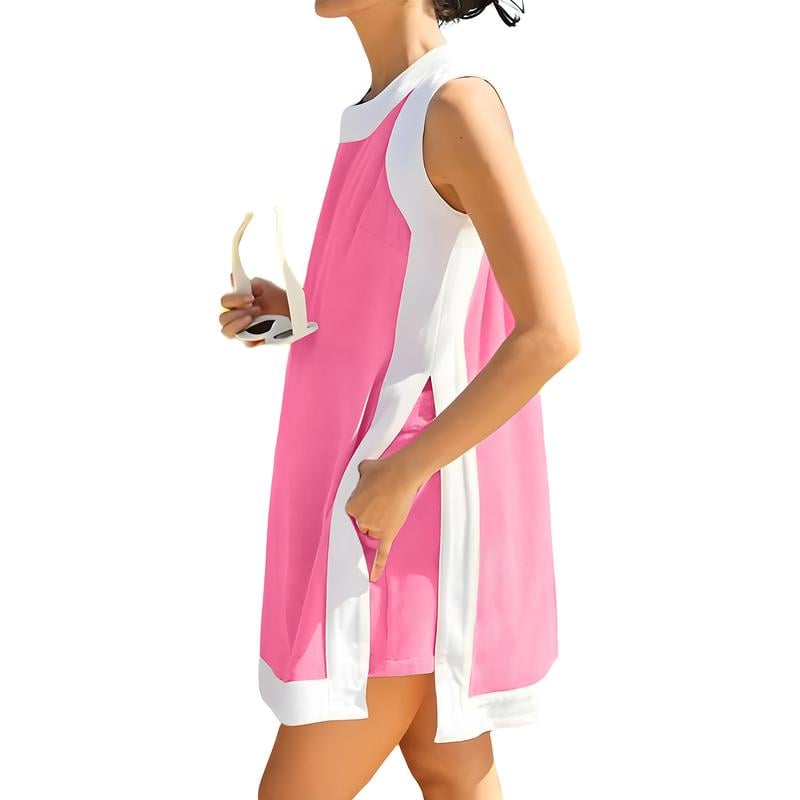 Women's Casual Color Block Two Piece Set Crewneck Sleeveless Top Shorts With Pockets