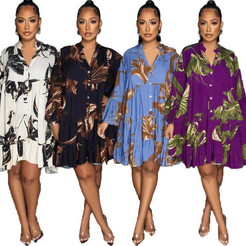 Stylish printed V-neck dress