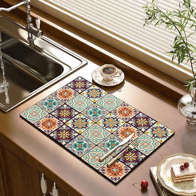 Retro Quick Drying Water Draining Mat For Kitchen Bar Countertops