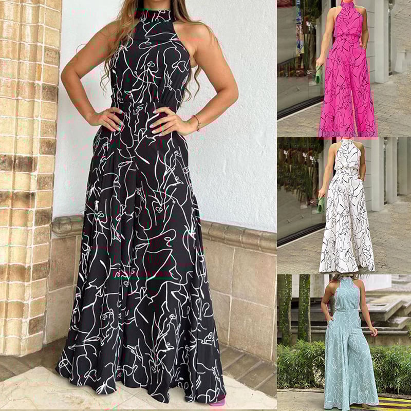 Halterneck Sleeveless Art Print Jumpsuit
