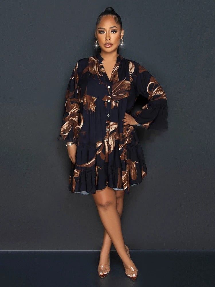 Stylish printed V-neck dress