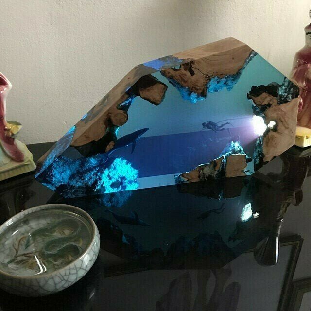 Large Epoxy Resin Wood Light Lamp, Diver and Humpback whale