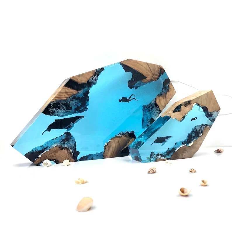 Large Epoxy Resin Wood Light Lamp, Diver and Humpback whale