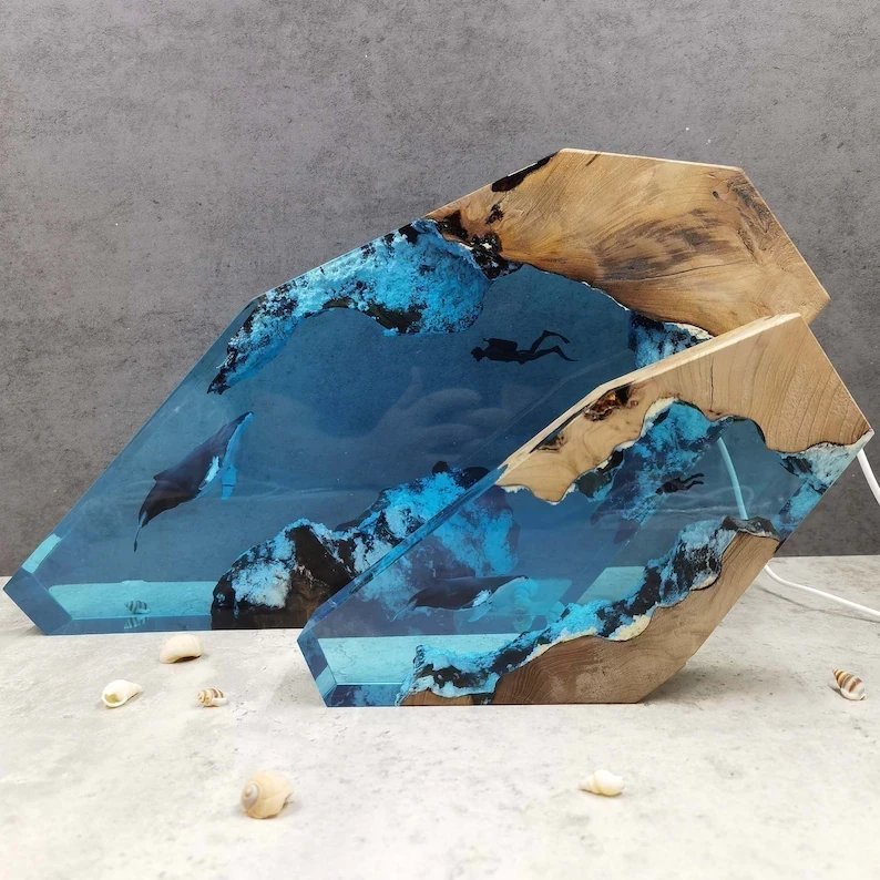 Large Epoxy Resin Wood Light Lamp, Diver and Humpback whale
