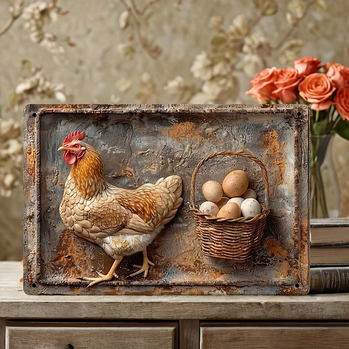 Vintage Chicken & Fresh Eggs Metal Sign-Rustic Wall Decor