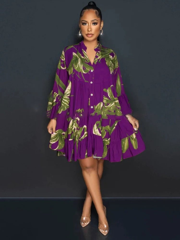 Stylish printed V-neck dress