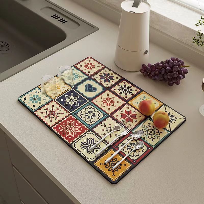 Retro Quick Drying Water Draining Mat For Kitchen Bar Countertops