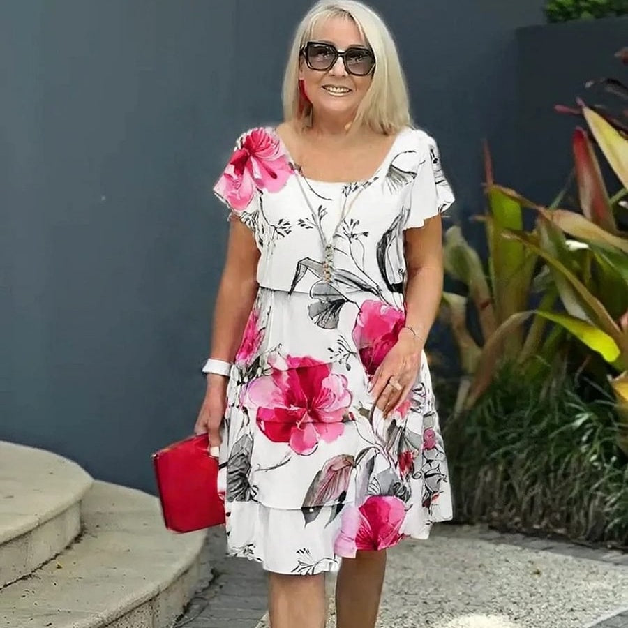 Multi-Plant Floral Print Cascade Dress