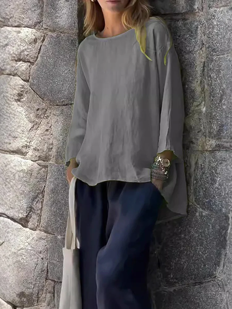 Women's Solid Color Cotton And Linen Long Sleeve Shirt