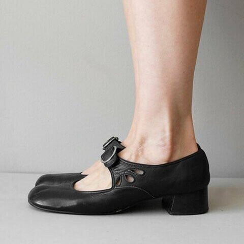 Mary Jane Leather Comfortable Low Heeled Buckle Strap Shoes
