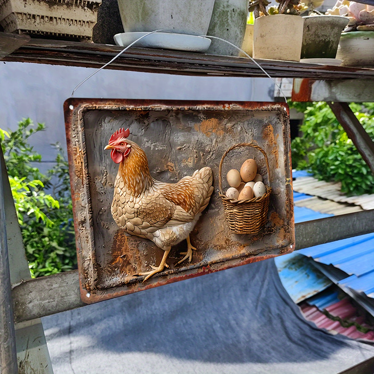 Vintage Chicken & Fresh Eggs Metal Sign-Rustic Wall Decor