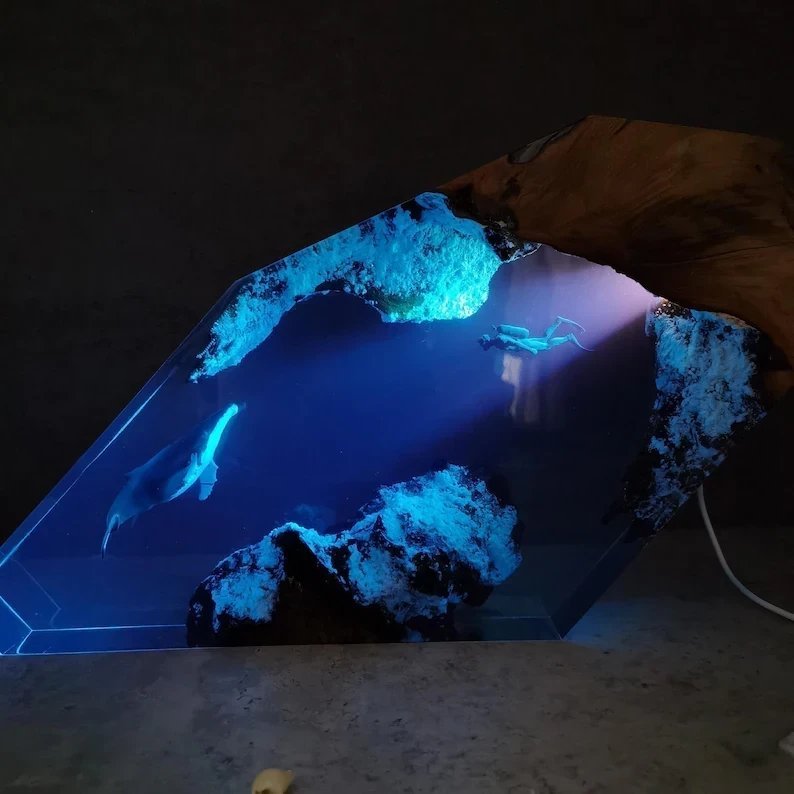 Large Epoxy Resin Wood Light Lamp, Diver and Humpback whale