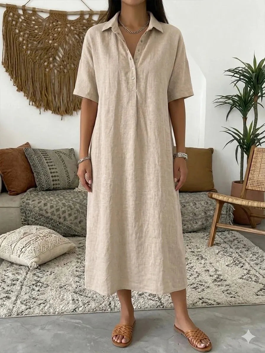👠👗Women's Casual Cotton-Linen Short-Sleeve Polo-Collar Summer Dress