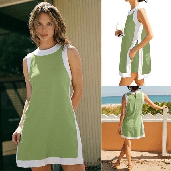 Women's Casual Color Block Two Piece Set Crewneck Sleeveless Top Shorts With Pockets