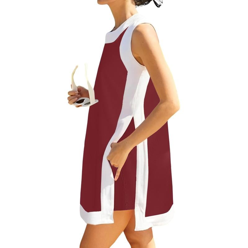 Women's Casual Color Block Two Piece Set Crewneck Sleeveless Top Shorts With Pockets