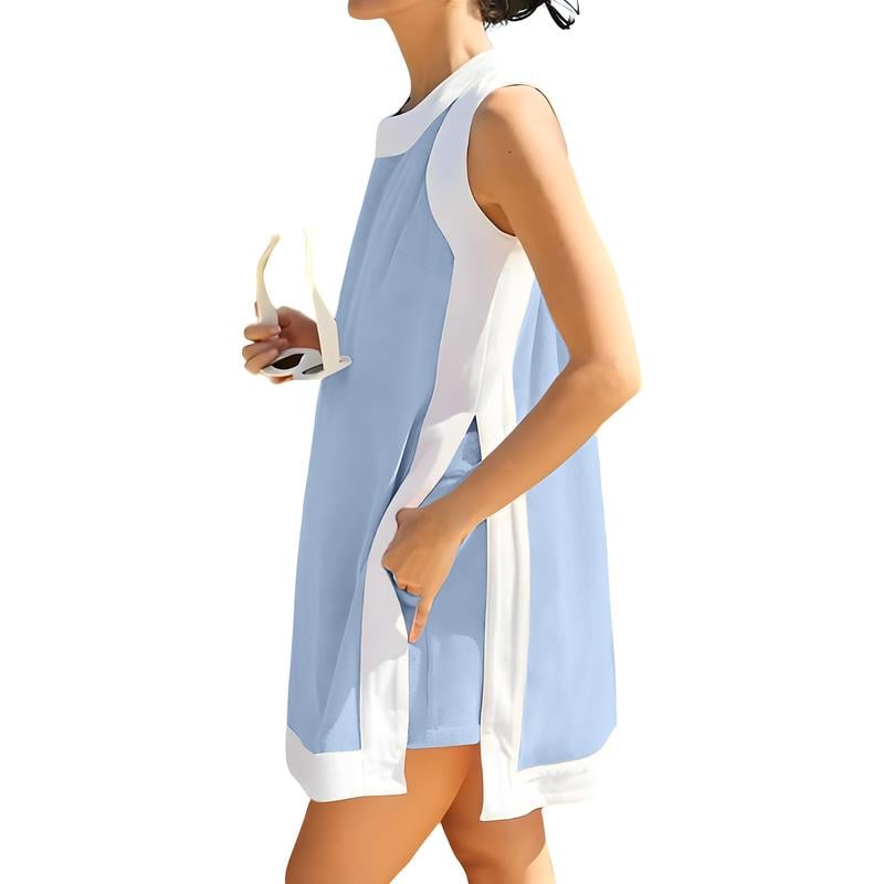 Women's Casual Color Block Two Piece Set Crewneck Sleeveless Top Shorts With Pockets