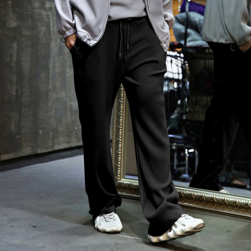 Men's Drawstring Pants Mid Waist Straight Leg Long Pants