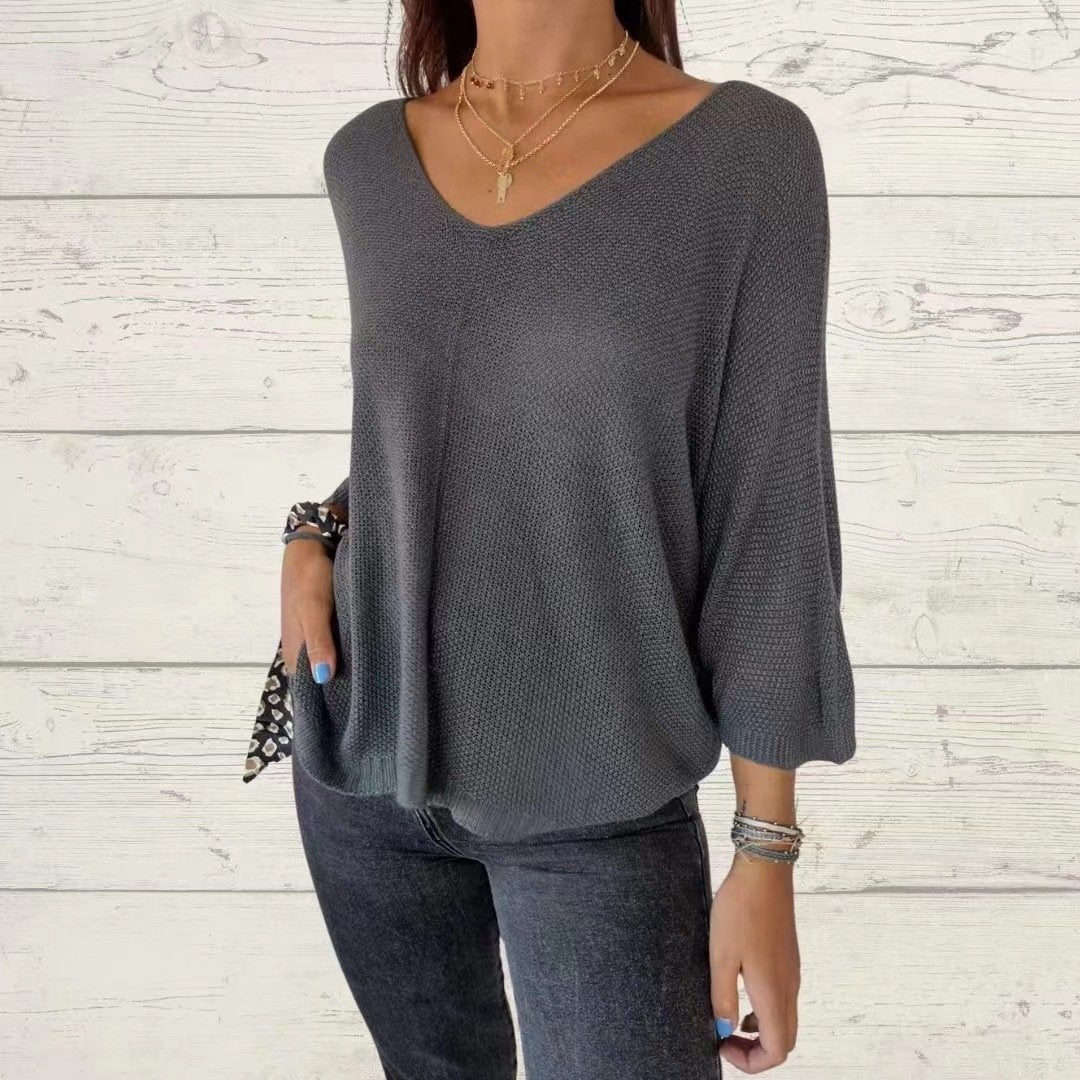 Batwing Sleeve Solid Color V-Neck Knit Top (Buy 2 Free Shipping)