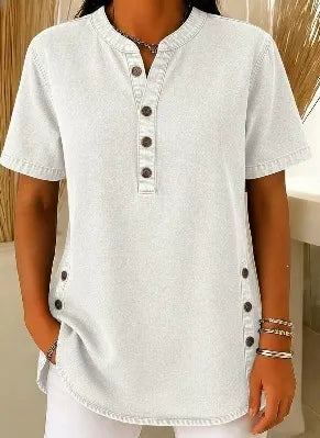 💃Hot sale 🌟Women's Long Denim Shirt – V-Neck Short-Sleeve Pullover