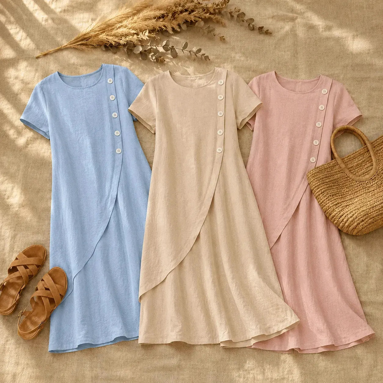 Round Neck Linen Midi Dress with Asymmetrical Buttons