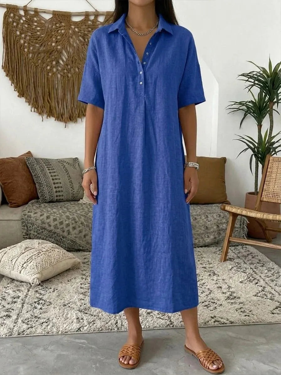 👠👗Women's Casual Cotton-Linen Short-Sleeve Polo-Collar Summer Dress