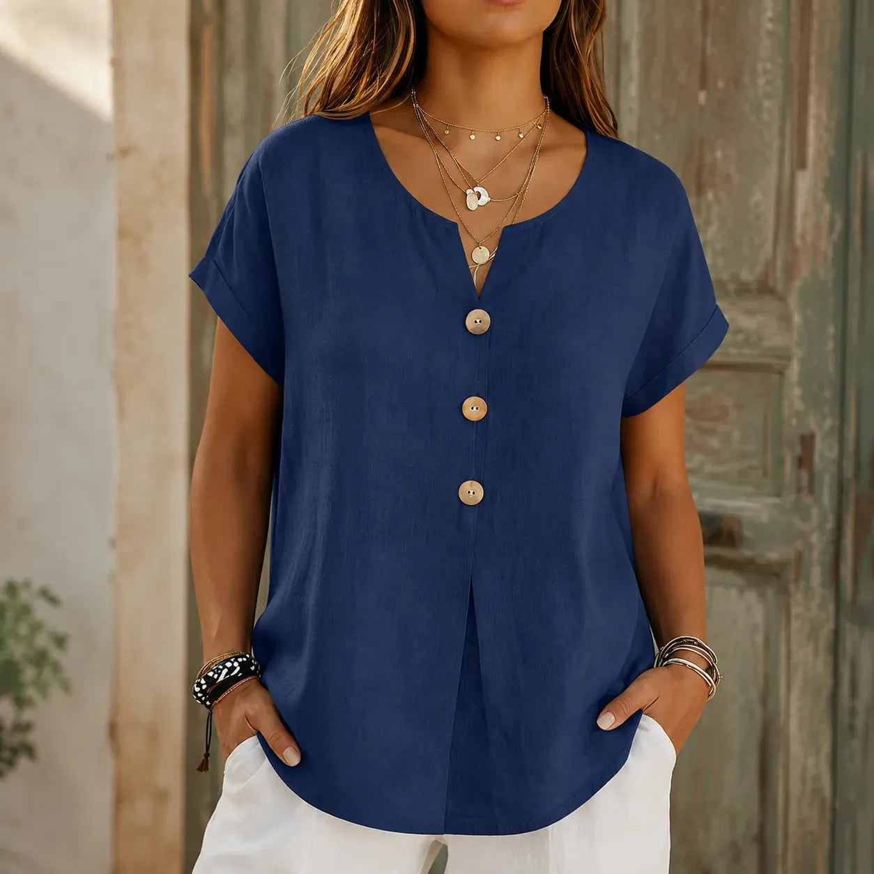 🌝Summer New Arrivals:Women's Loose V-Neck Shirt with Faux-Wood Buttons
