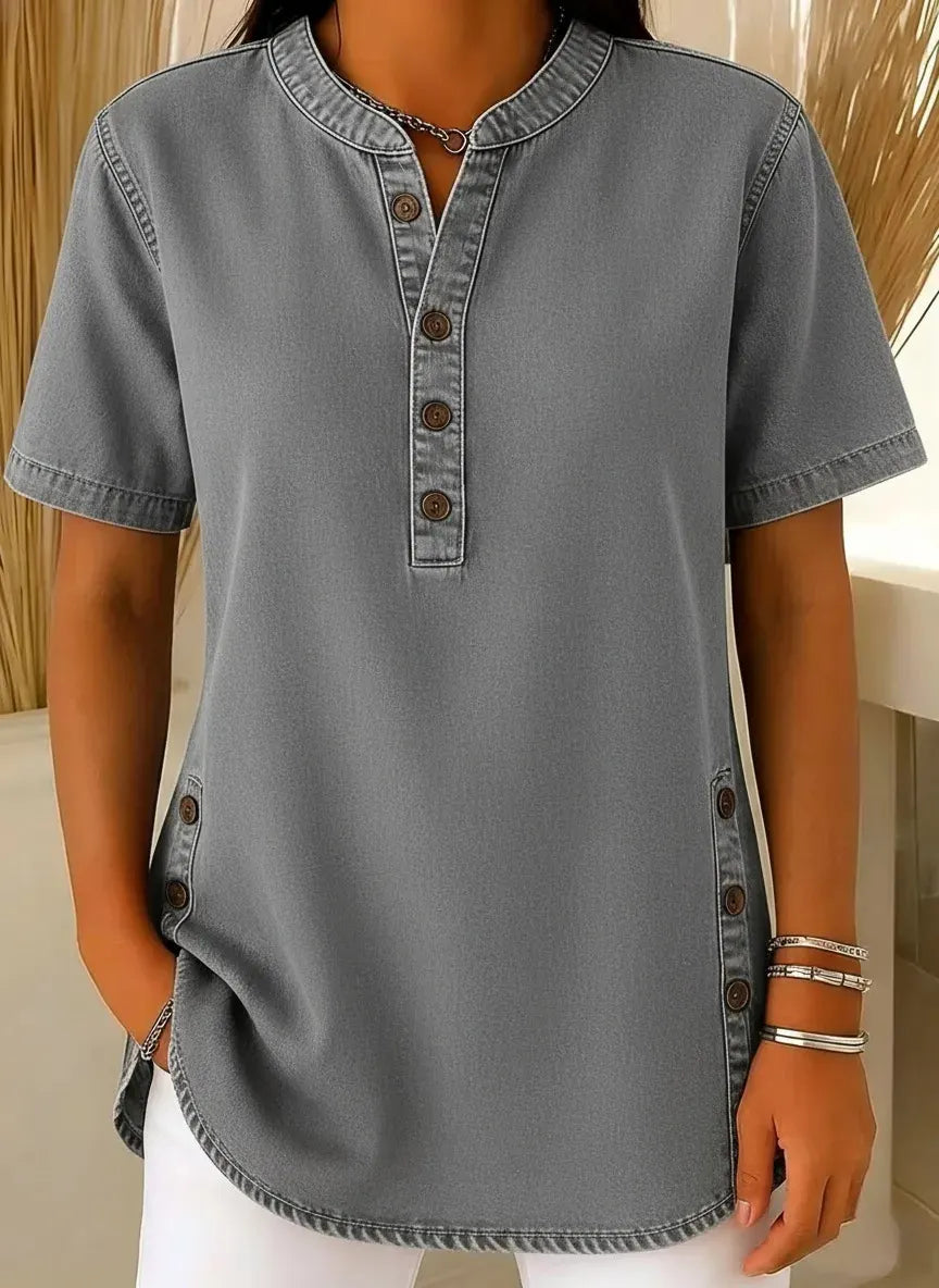 💃Hot sale 🌟Women's Long Denim Shirt – V-Neck Short-Sleeve Pullover