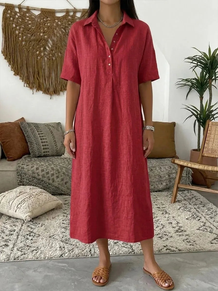 👠👗Women's Casual Cotton-Linen Short-Sleeve Polo-Collar Summer Dress
