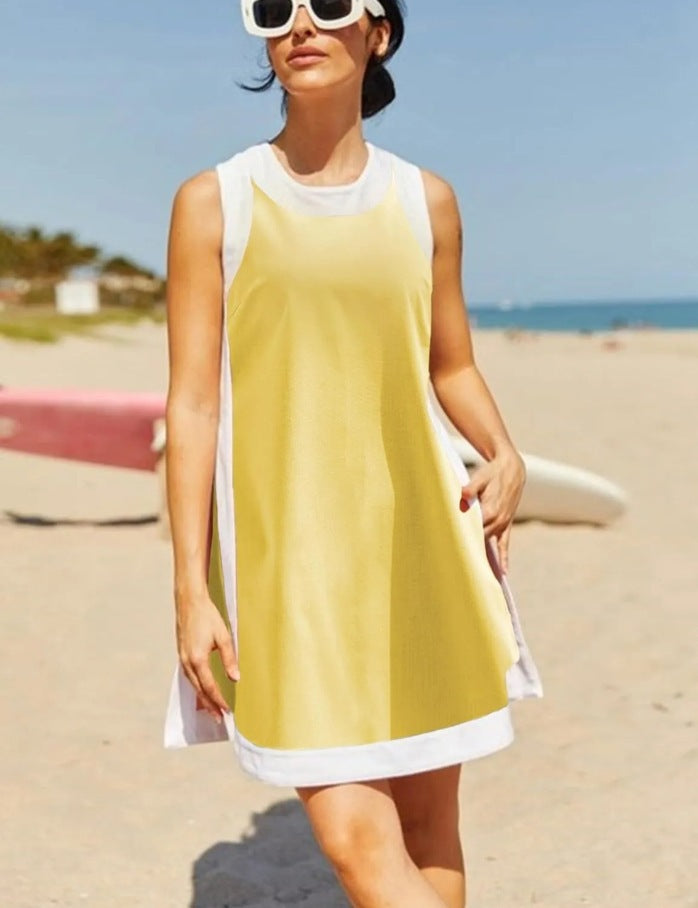 Women's Casual Color Block Two Piece Set Crewneck Sleeveless Top Shorts With Pockets