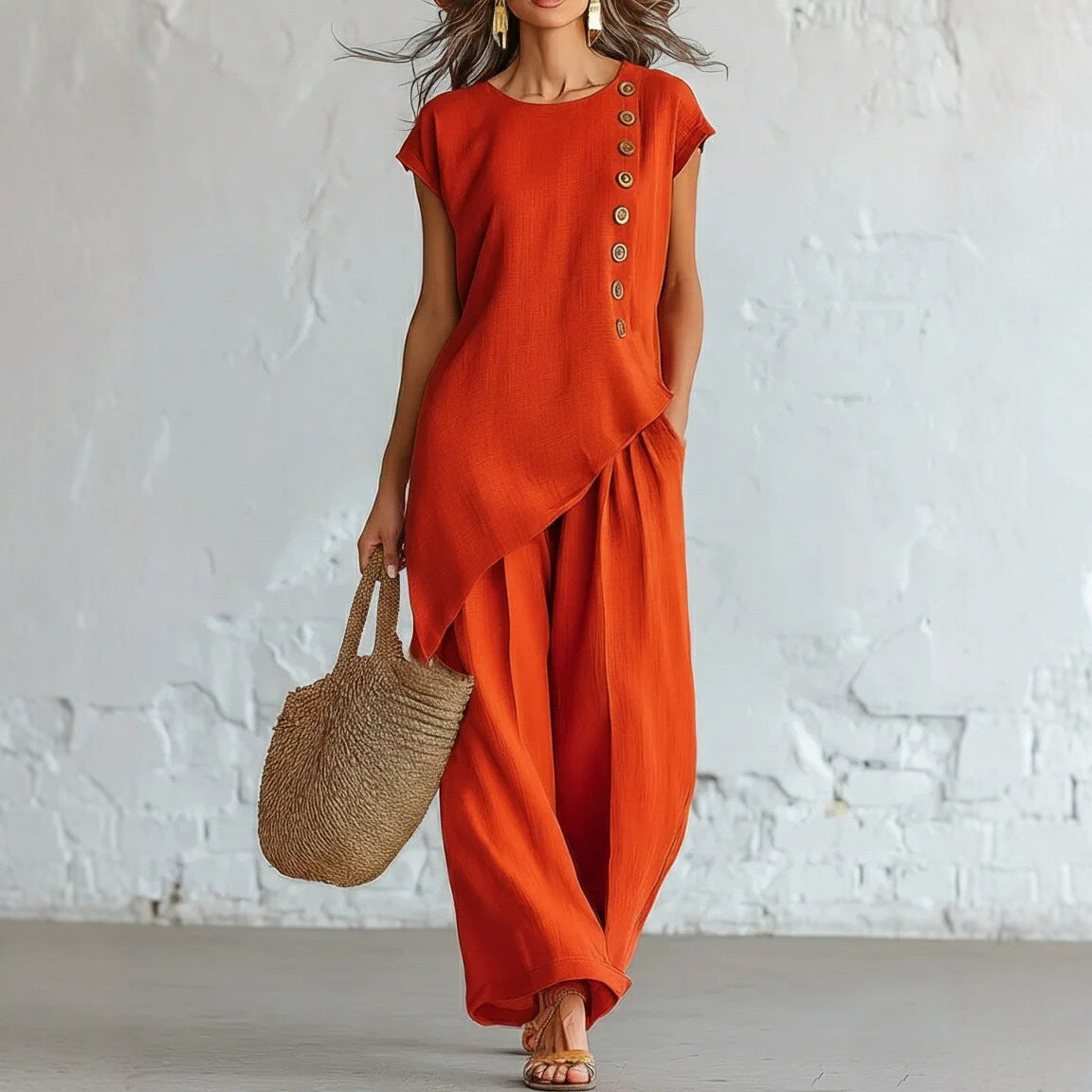 A round-neck, asymmetrical short-sleeved top and wide-leg trousers set with wooden buttons