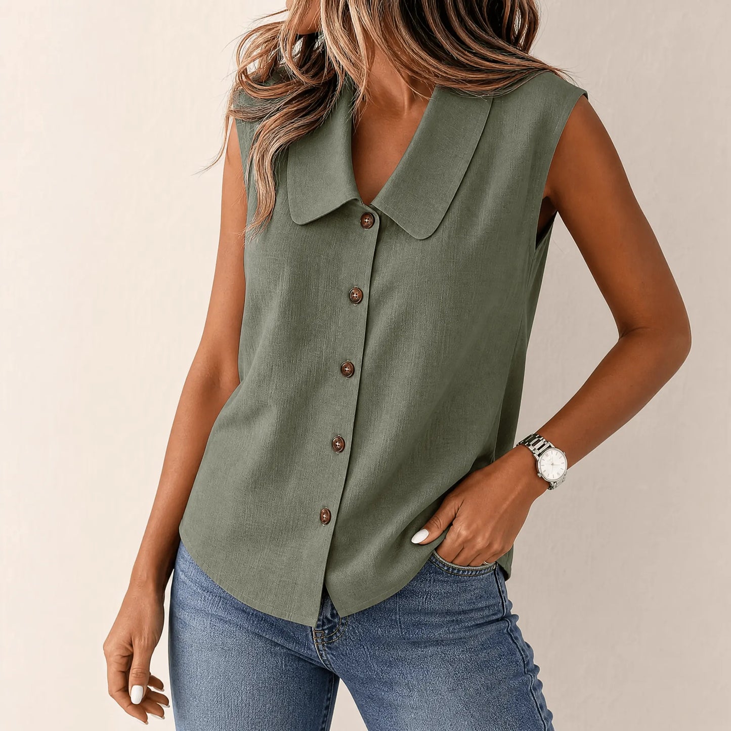 Women's Sleeveless Collared Button-Down Top