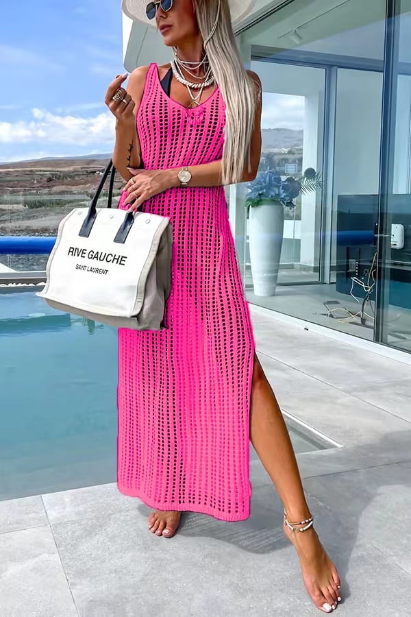 Crochet Knit Cross Back Cover-Up Maxi Dress