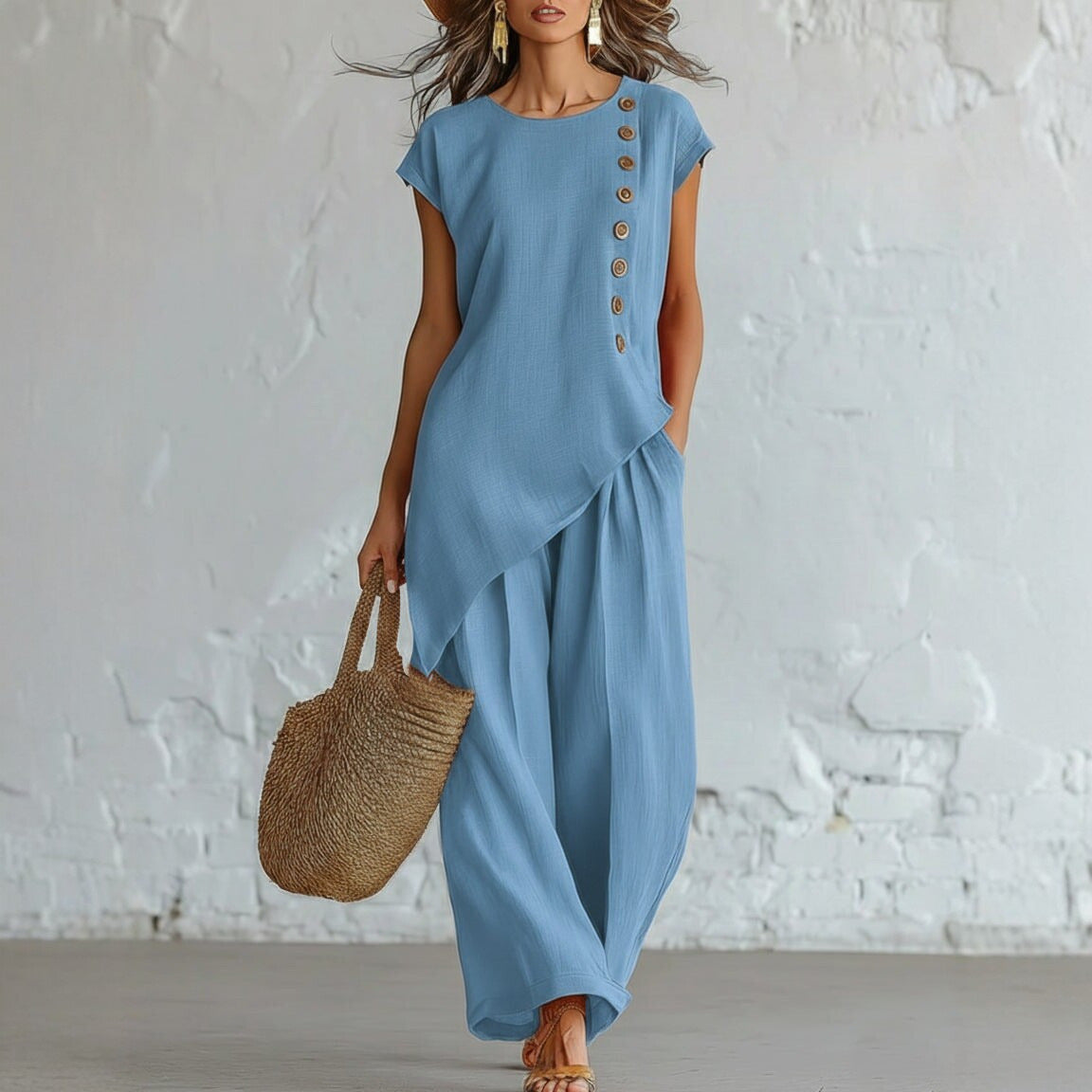 A round-neck, asymmetrical short-sleeved top and wide-leg trousers set with wooden buttons