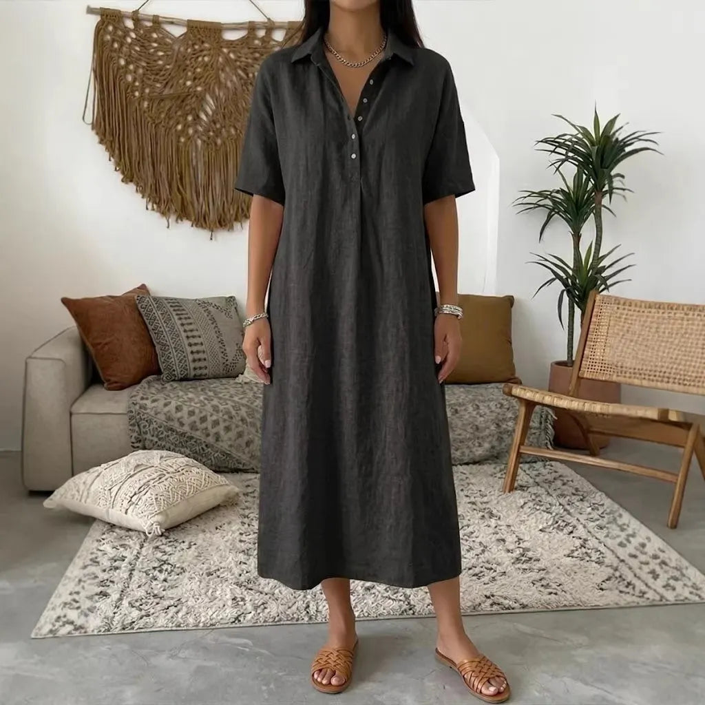 👠👗Women's Casual Cotton-Linen Short-Sleeve Polo-Collar Summer Dress