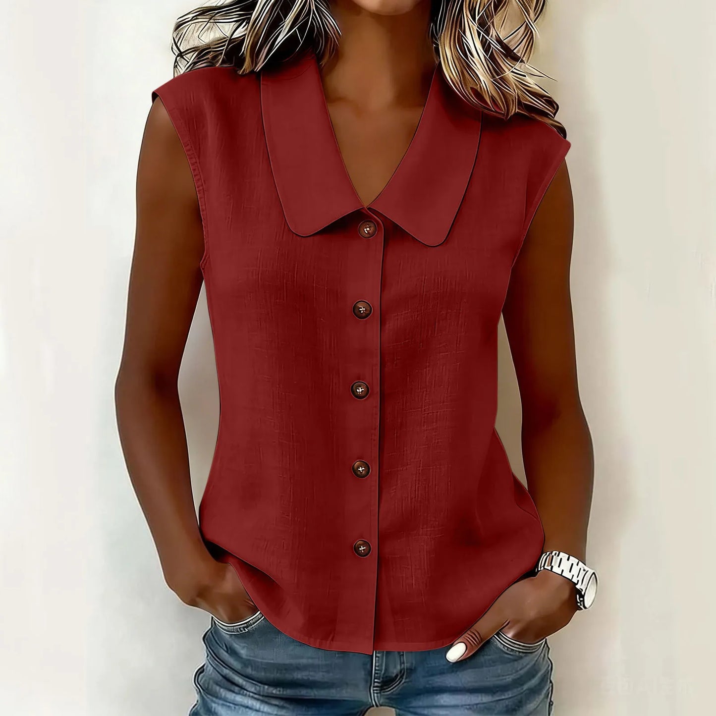 Women's Sleeveless Collared Button-Down Top