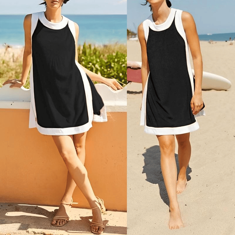 Women's Casual Color Block Two Piece Set Crewneck Sleeveless Top Shorts With Pockets