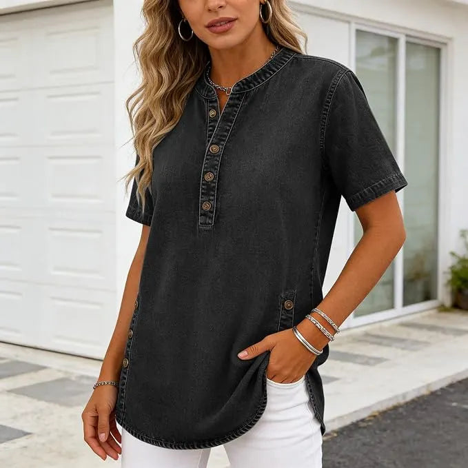 💃Hot sale 🌟Women's Long Denim Shirt – V-Neck Short-Sleeve Pullover