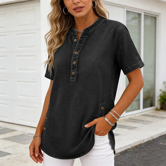 🌟Women's Long Denim Shirt – V-Neck Short-Sleeve Pullover