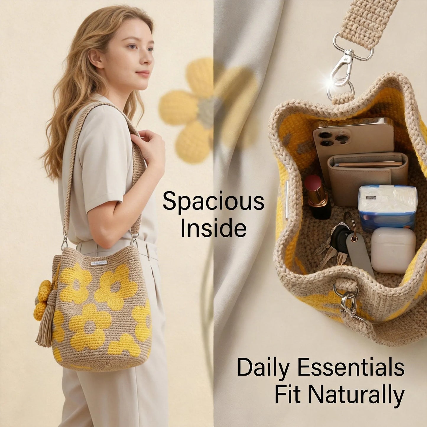 🏆 Promozione 49% DI SCONTO🧵🌸Borsa tote all'uncinetto con fiori fatta a mano 🌼✨