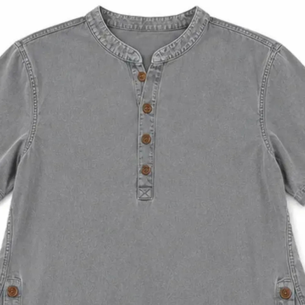 💃Hot sale 🌟Women's Long Denim Shirt – V-Neck Short-Sleeve Pullover