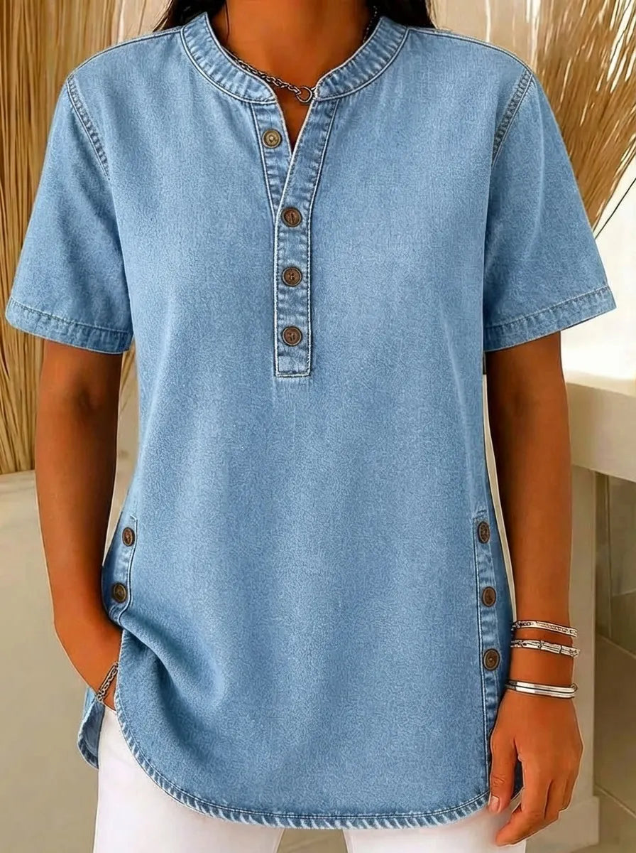 💃Hot sale 🌟Women's Long Denim Shirt – V-Neck Short-Sleeve Pullover