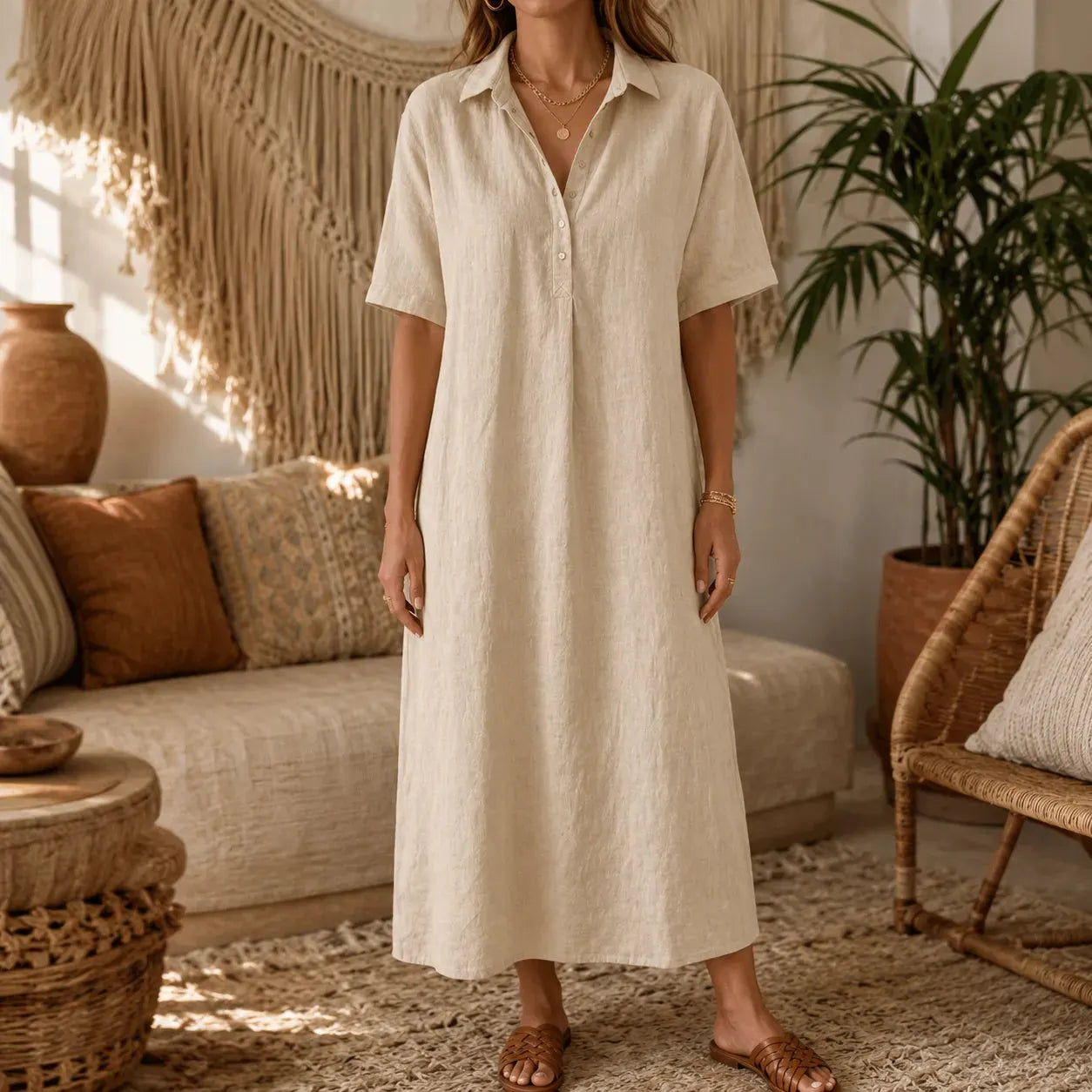 👠👗Women's Casual Cotton-Linen Short-Sleeve Polo-Collar Summer Dress
