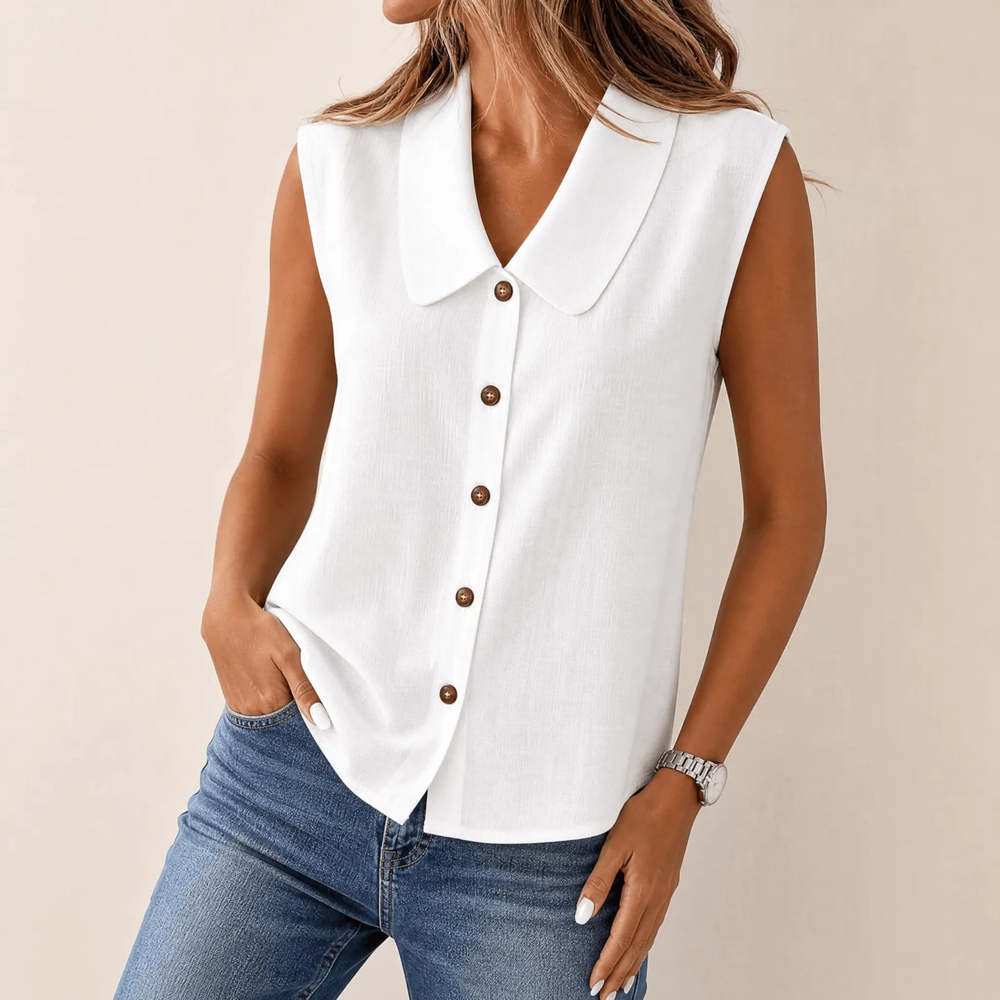Women's Sleeveless Collared Button-Down Top
