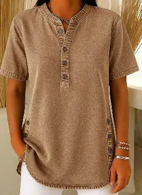 💃Hot sale 🌟Women's Long Denim Shirt – V-Neck Short-Sleeve Pullover